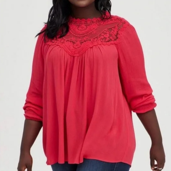 Torrid Pink Long Sleeve Blouse Lace Detail 2X - Picture 2 of 11